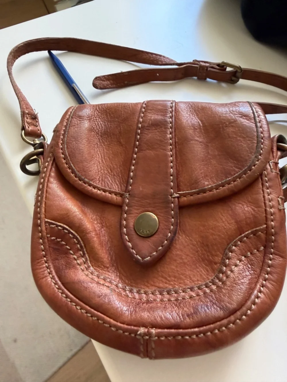 Vintage FRYE Cognac Distressed Leather Crossbody Saddle Bag